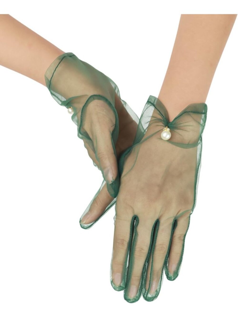 Women's Dark Green Short Pearl 1920s Formal Bridal Wedding Wrist Tulle Gloves